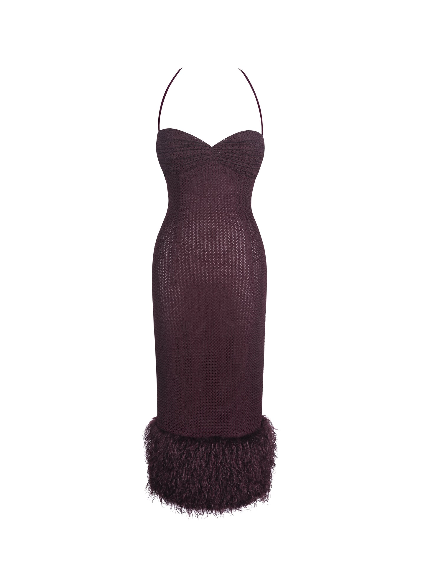 Pluma Maroon Halter Faux-Fur Trimmed Midi Dress - Miss Circle