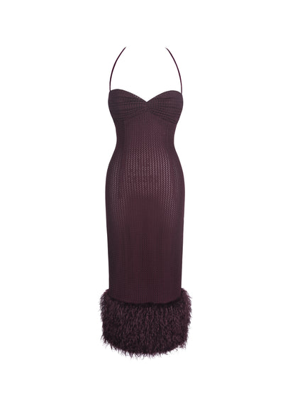 Pluma Maroon Halter Faux-Fur Trimmed Midi Dress - Miss Circle