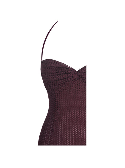 Pluma Maroon Halter Faux-Fur Trimmed Midi Dress - Miss Circle