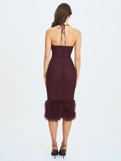 Pluma Maroon Halter Faux-Fur Trimmed Midi Dress - Miss Circle