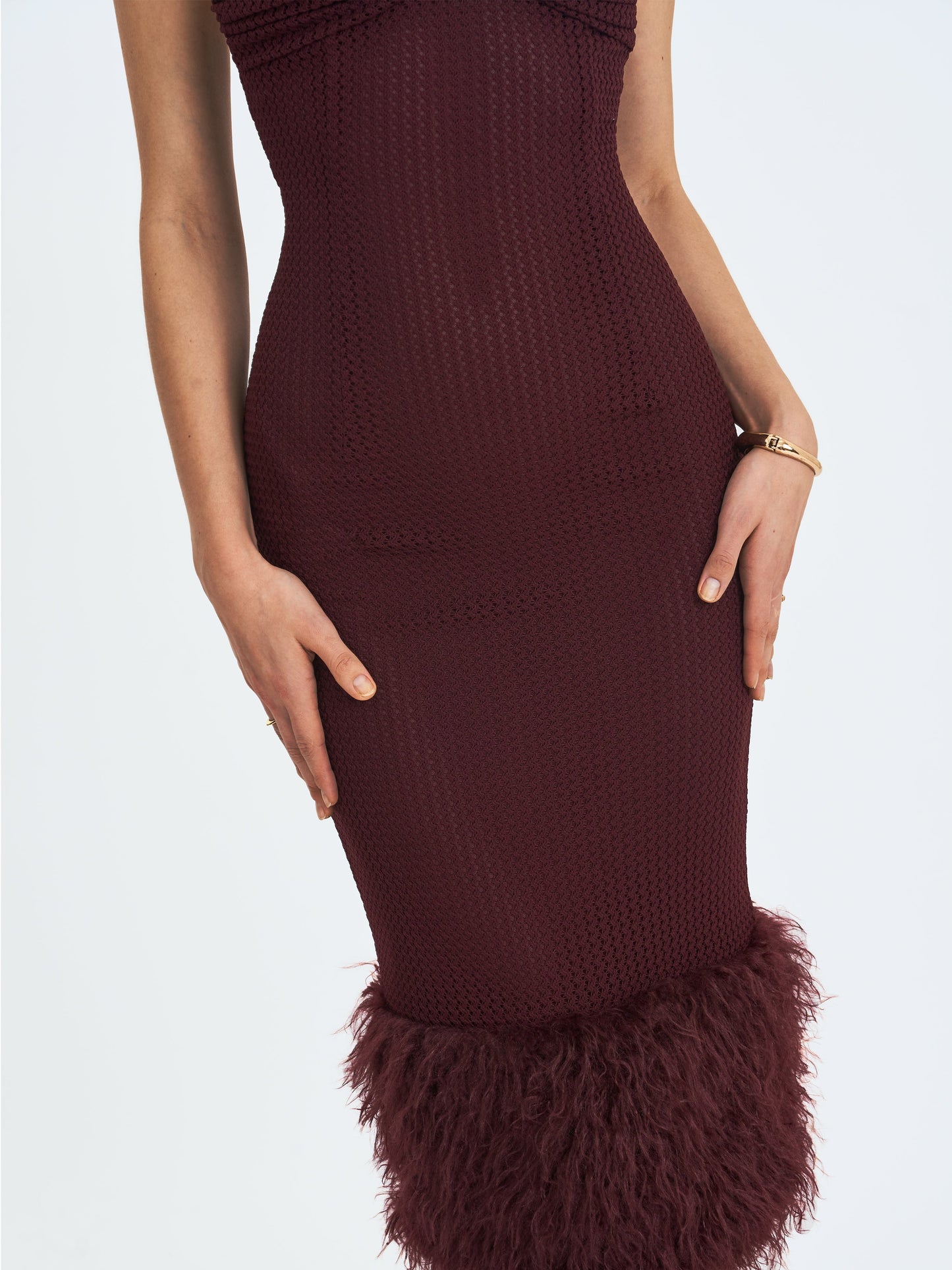 Pluma Maroon Halter Faux-Fur Trimmed Midi Dress - Miss Circle