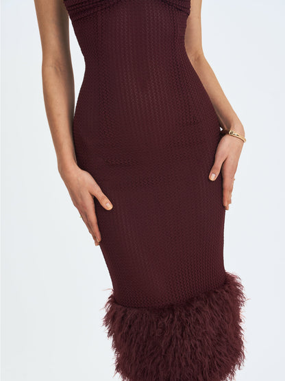 Pluma Maroon Halter Faux-Fur Trimmed Midi Dress - Miss Circle