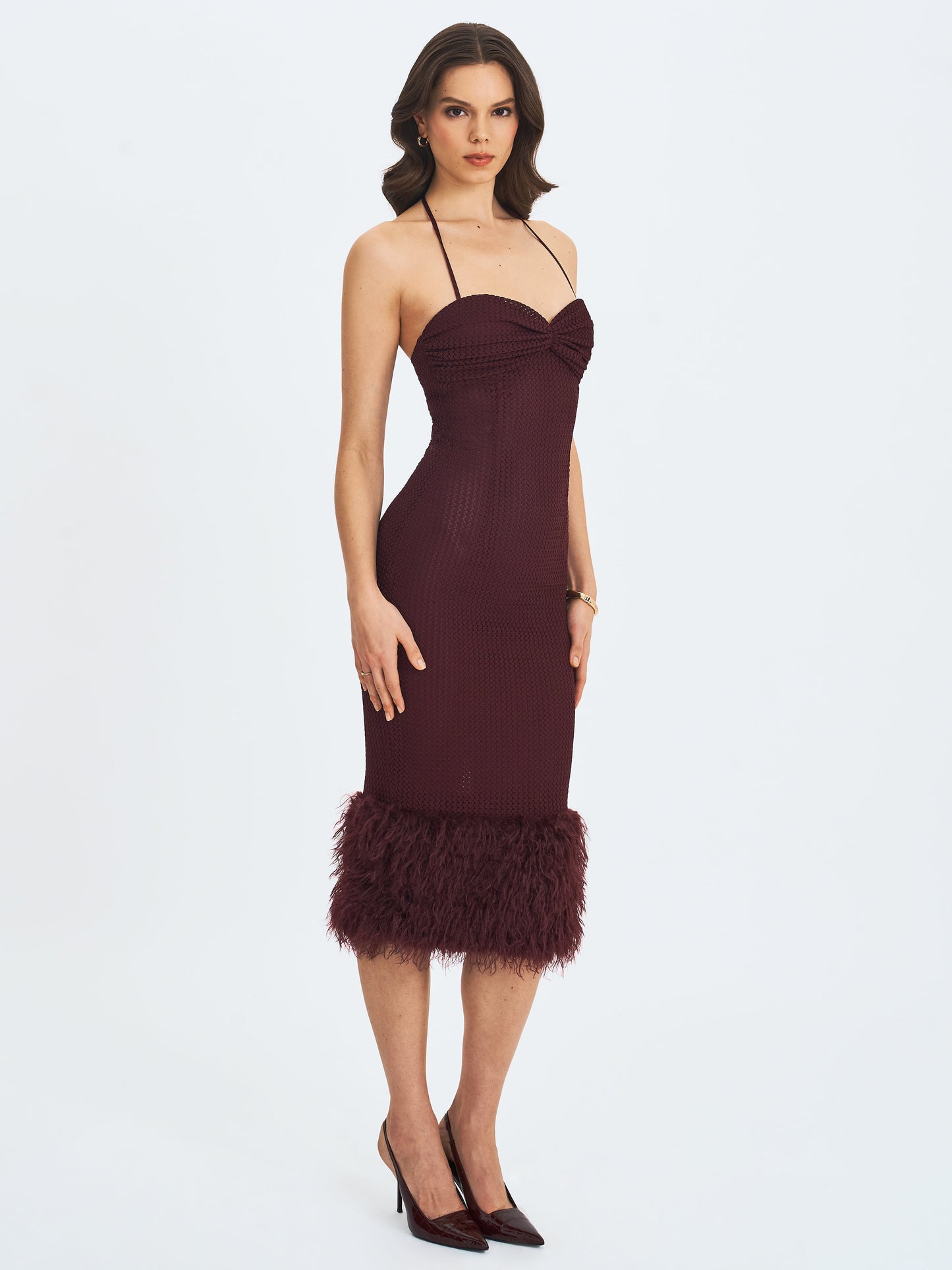 Pluma Maroon Halter Faux-Fur Trimmed Midi Dress - Miss Circle