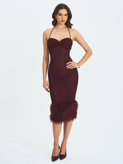Pluma Maroon Halter Faux-Fur Trimmed Midi Dress - Miss Circle