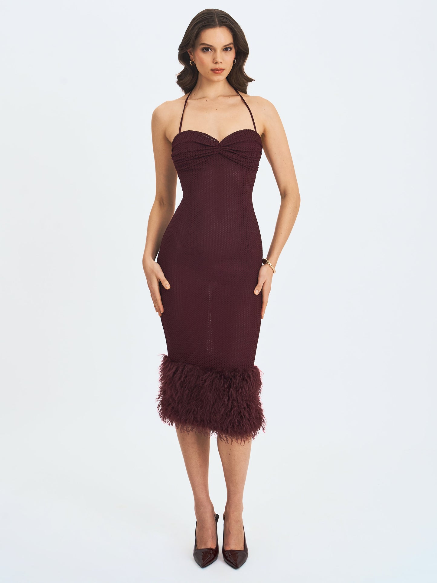 Pluma Maroon Halter Faux-Fur Trimmed Midi Dress - Miss Circle