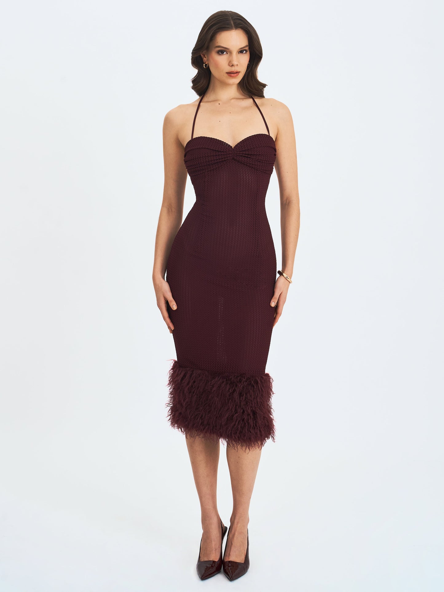 Pluma Maroon Halter Faux-Fur Trimmed Midi Dress - Miss Circle