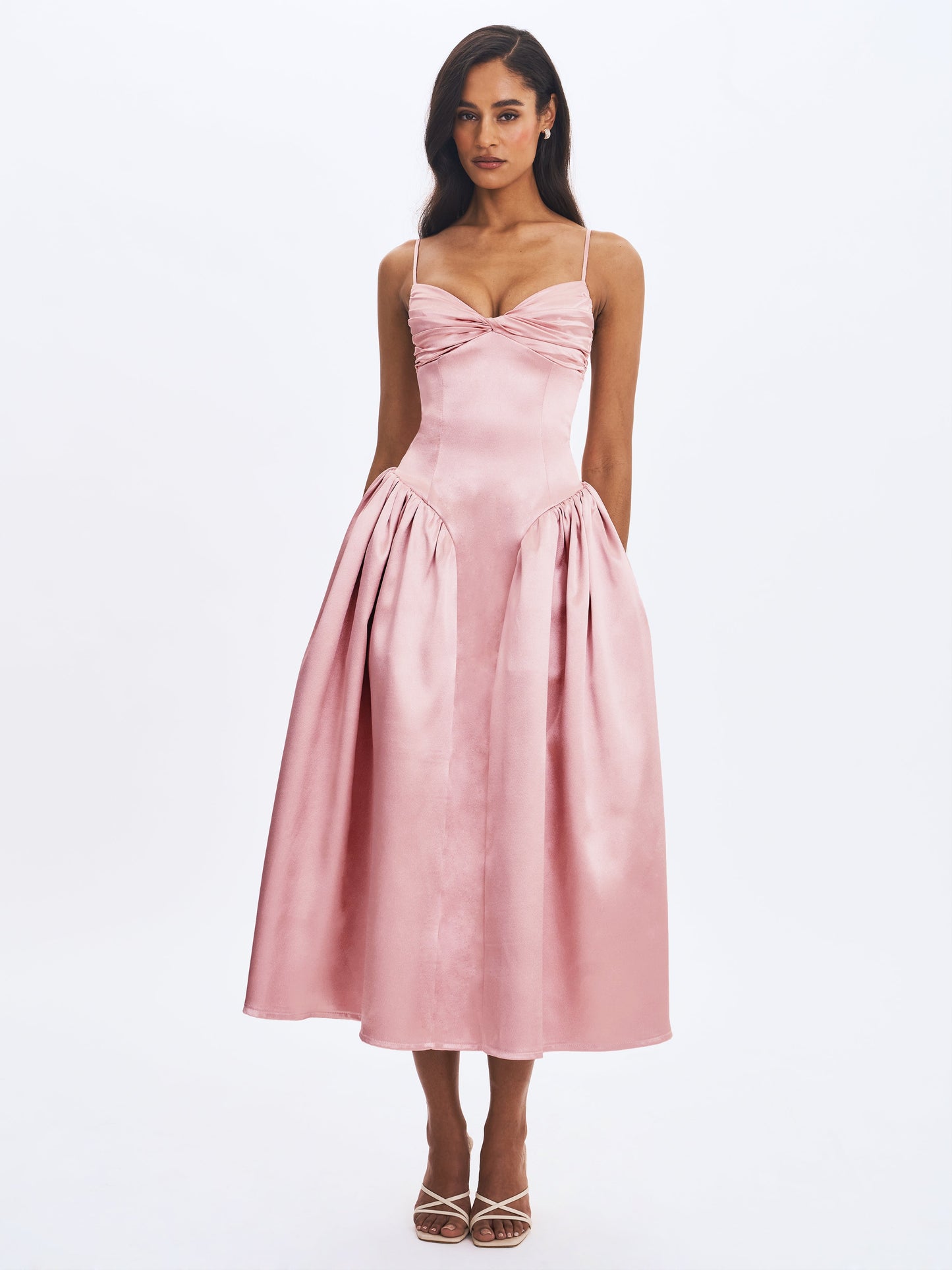Tullia Dusty Rose Satin Ruched Midi Dress - Miss Circle