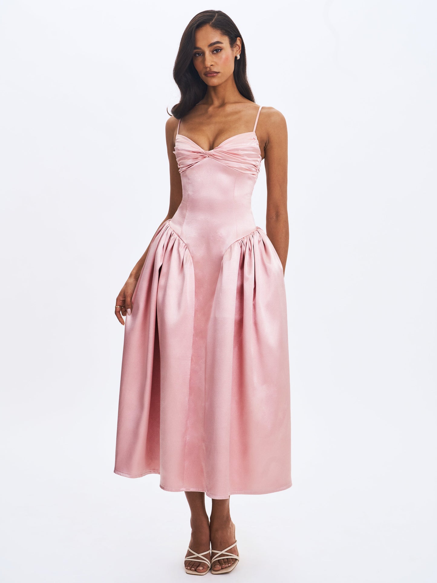 Tullia Dusty Rose Satin Ruched Midi Dress - Miss Circle