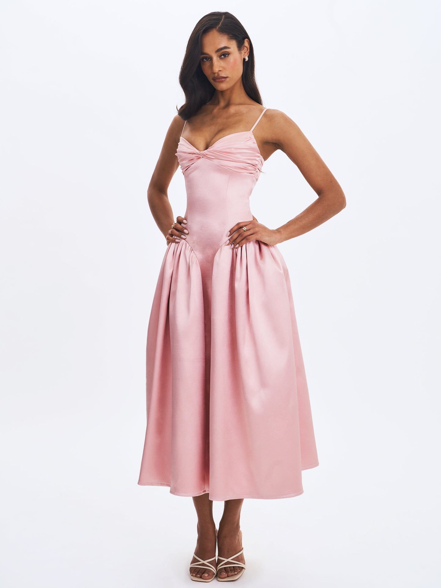 Tullia Dusty Rose Satin Ruched Midi Dress - Miss Circle