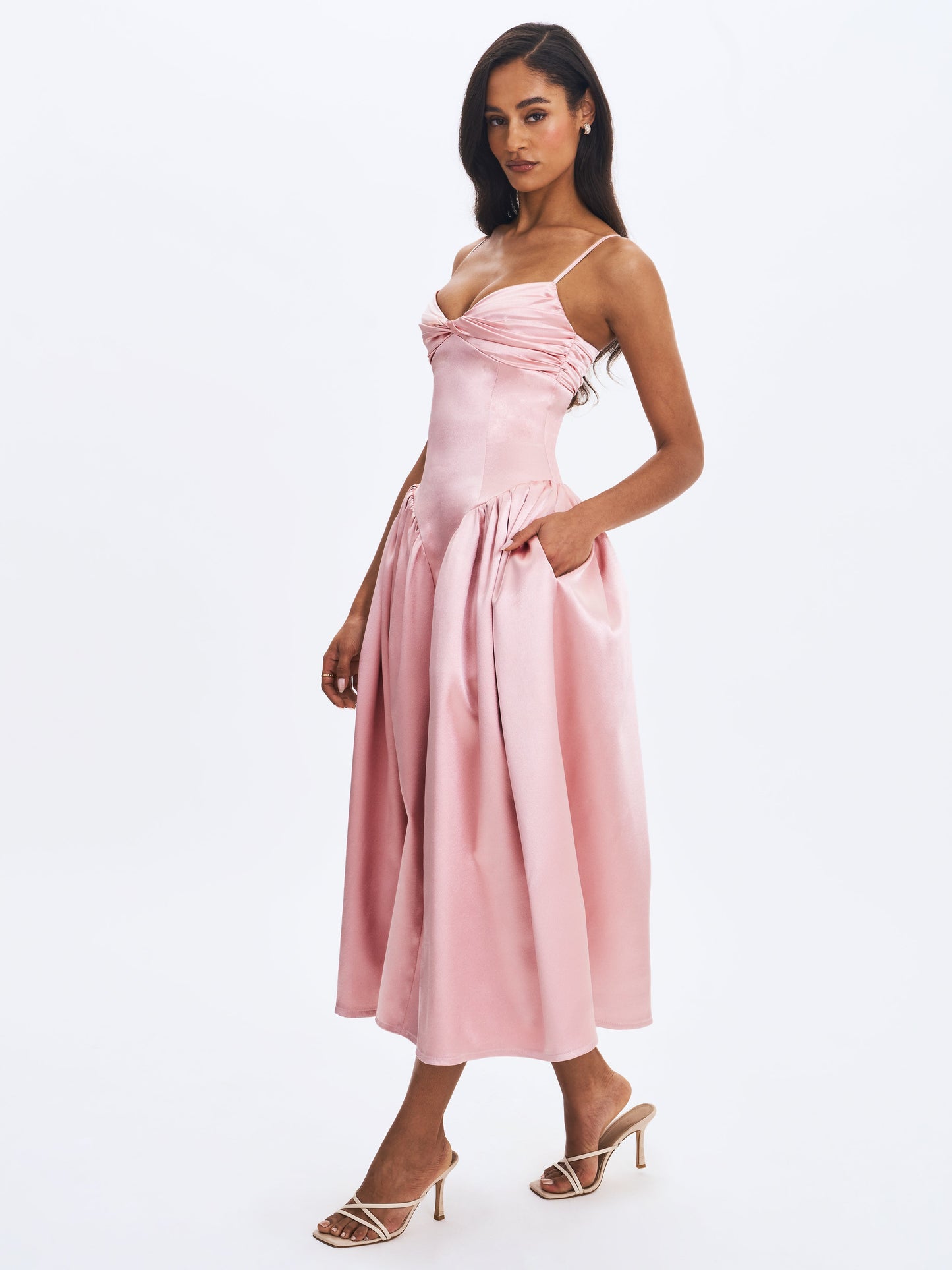 Tullia Dusty Rose Satin Ruched Midi Dress - Miss Circle