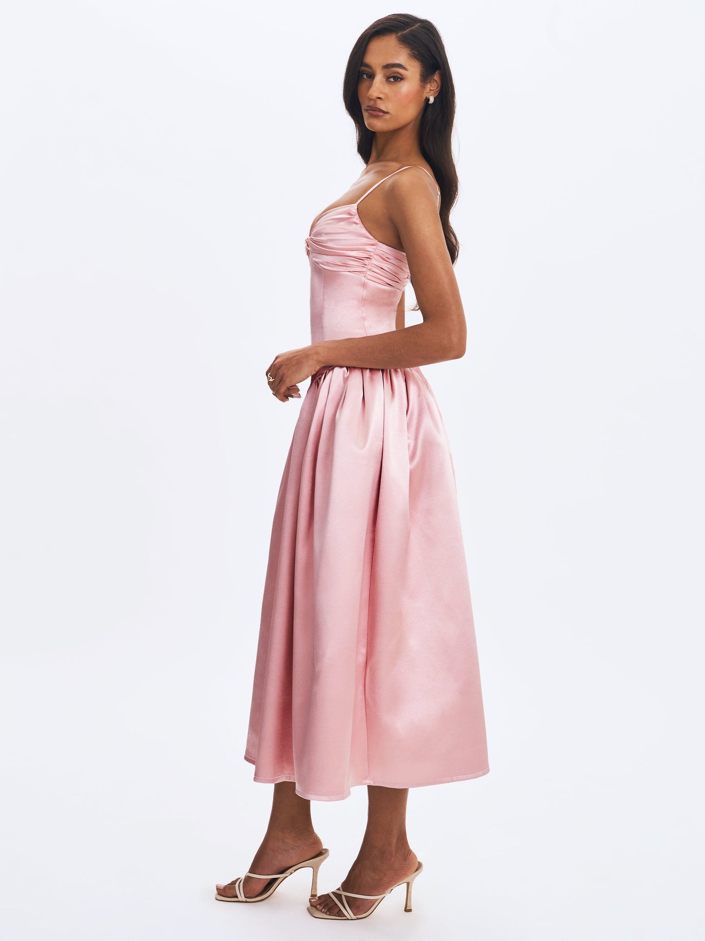 Tullia Dusty Rose Satin Ruched Midi Dress - Miss Circle