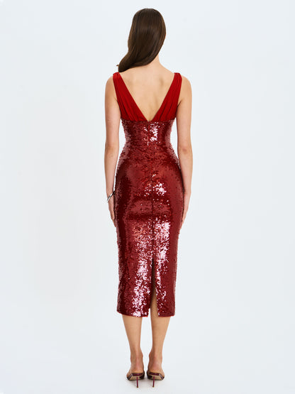 Shanelle Crimson Sequin Plunging Midi Dress - Miss Circle
