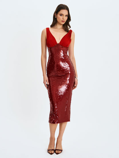 Shanelle Crimson Sequin Plunging Midi Dress - Miss Circle