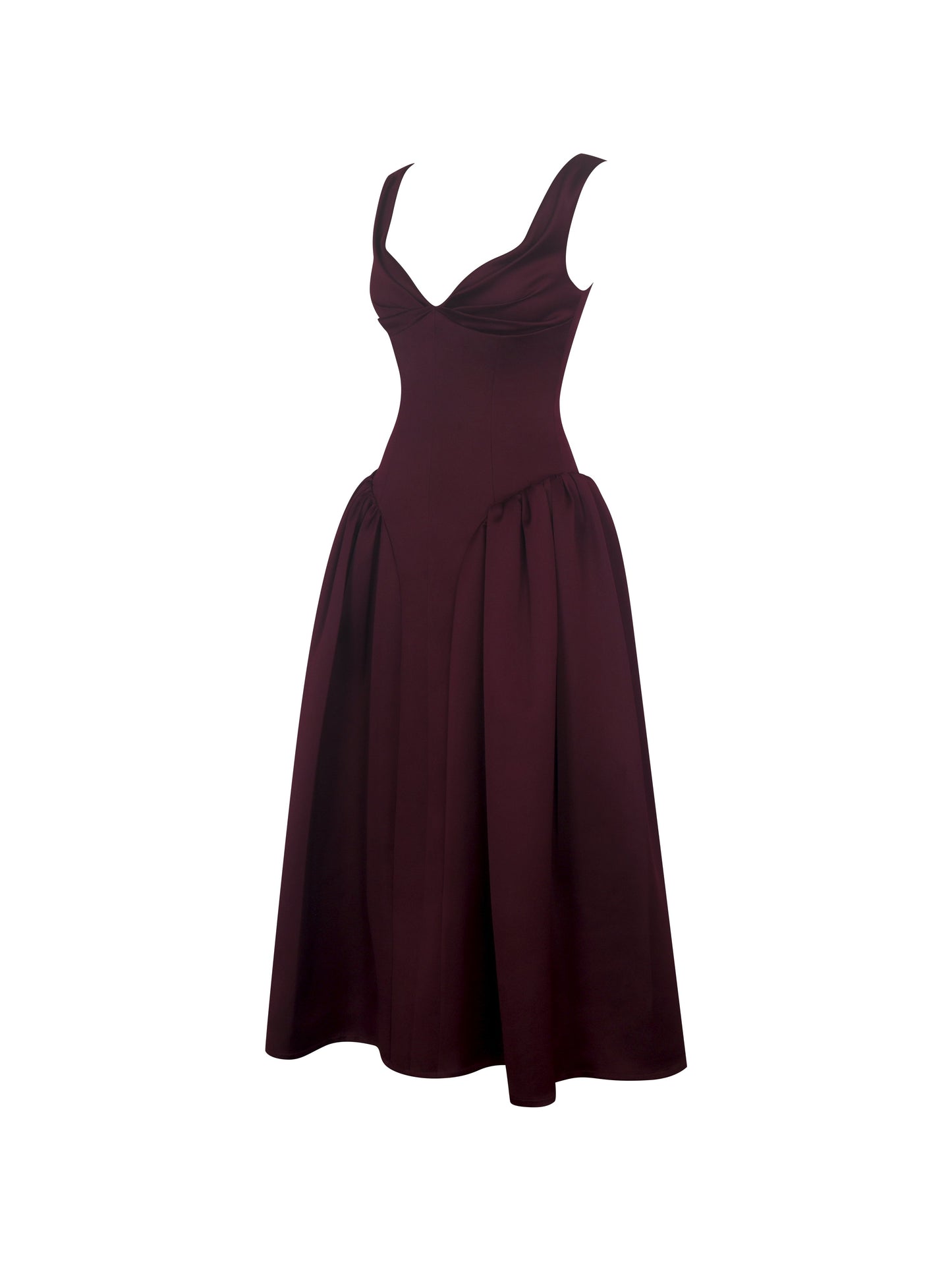 Omella Burgundy Ruched Bust Sweetheart Flared Midi Dress - Miss Circle