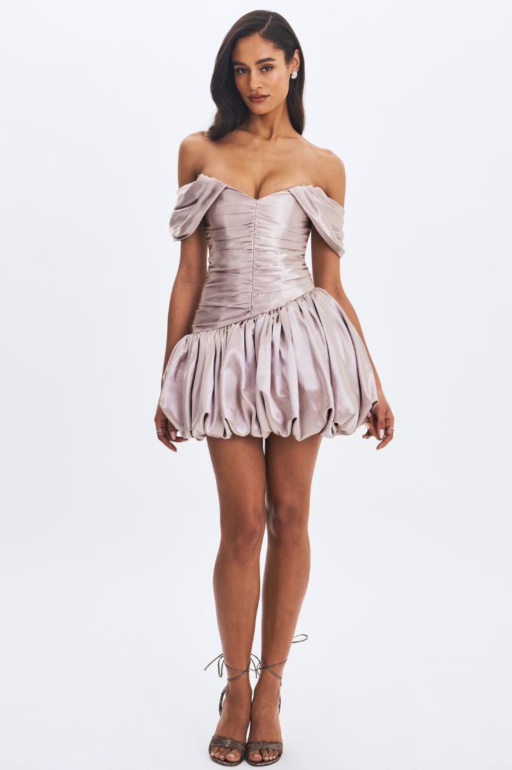 Milena Champagne Ruched Asymmetrical Bubble Mini Dress - Miss Circle