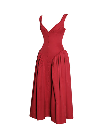 Nahla Red Drop Waist Midi Dress with Buttons - Miss Circle