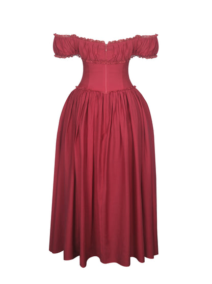 Xavy Crimson Off-Shoulder Corset Midi Dress - Miss Circle