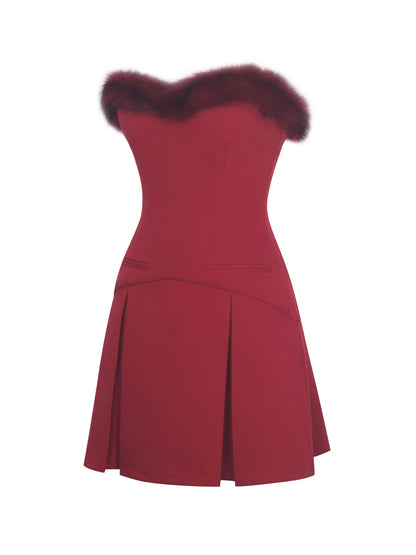 Nalia Crimson Fur Trimmed Sweetheart Mini Dress - Miss Circle