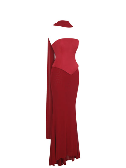Giselle Crimson Peplum Mermaid Gown with Chiffon Scarf - Miss Circle