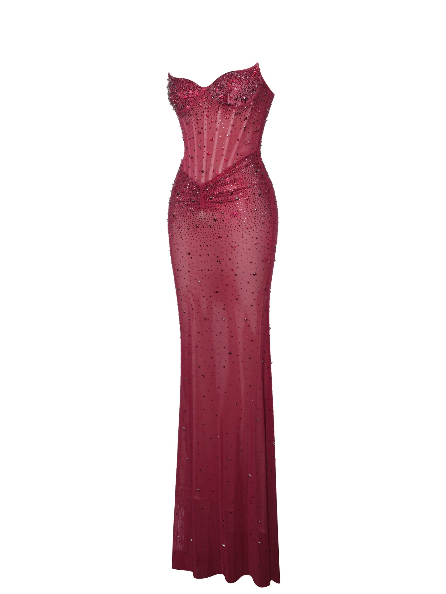 Fatima Burgundy Crystal Sleeveless Corset Mermaid Maxi Dress - Miss Circle