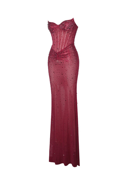 Fatima Burgundy Crystal Sleeveless Corset Mermaid Maxi Dress - Miss Circle