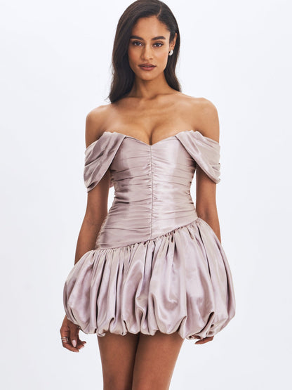 Milena Champagne Ruched Asymmetrical Bubble Mini Dress - Miss Circle