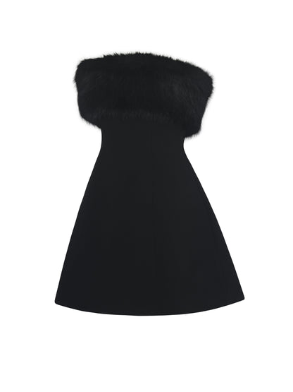 Evelyn Black Fur-Trimmed Mini A-Line Dress - Miss Circle