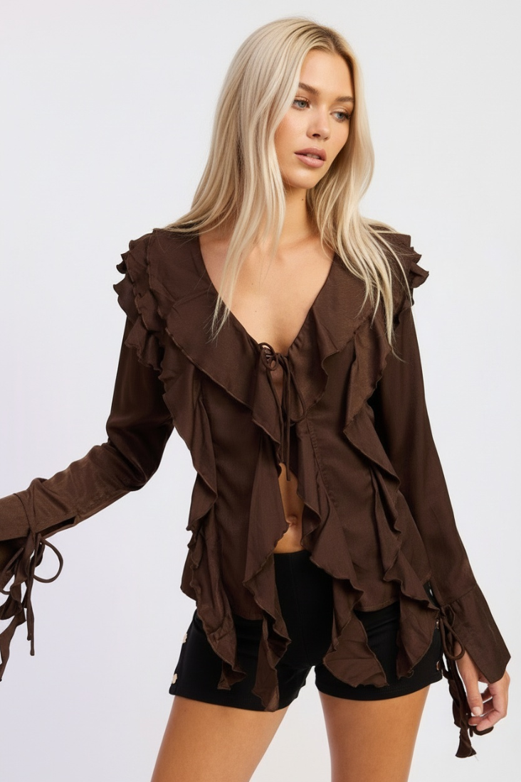 Ivy Ruffled Top - Brown