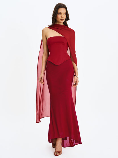Giselle Crimson Peplum Mermaid Gown with Chiffon Scarf - Miss Circle