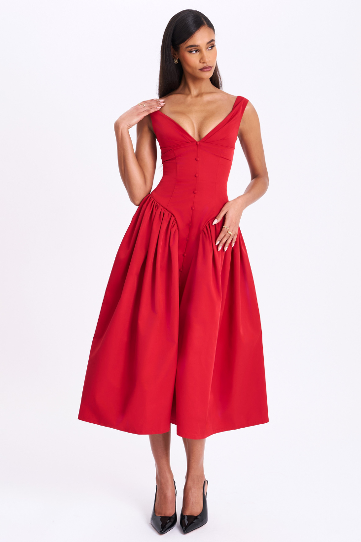 Nahla Red Drop Waist Midi Dress with Buttons - Miss Circle