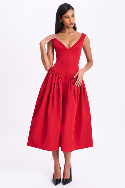Nahla Red Drop Waist Midi Dress with Buttons - Miss Circle