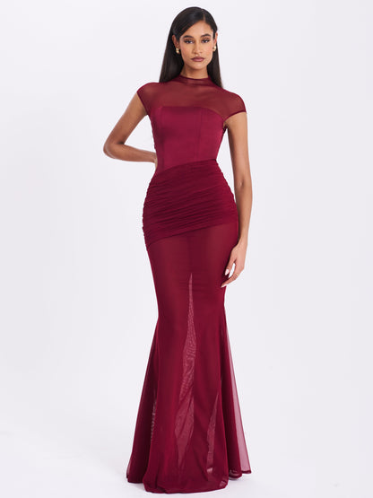 Fabienne Burgundy Mesh Cap Sleeve Mermaid Gown - Miss Circle