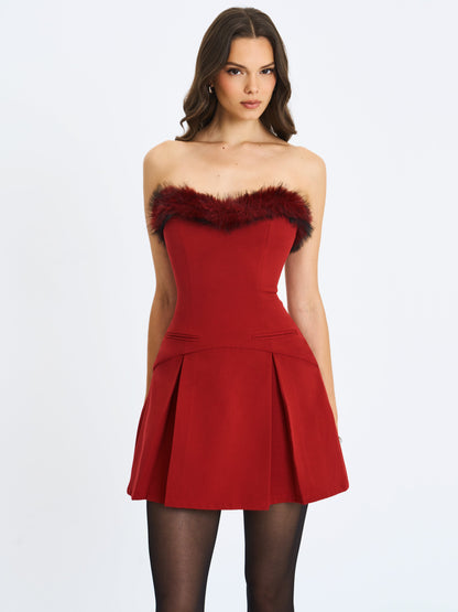Nalia Crimson Fur Trimmed Sweetheart Mini Dress - Miss Circle