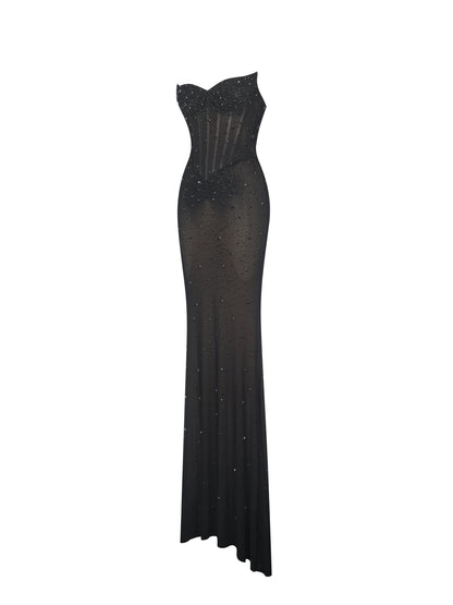 Fatima Black Crystal Sleeveless Corset Mermaid Maxi Dress - Miss Circle