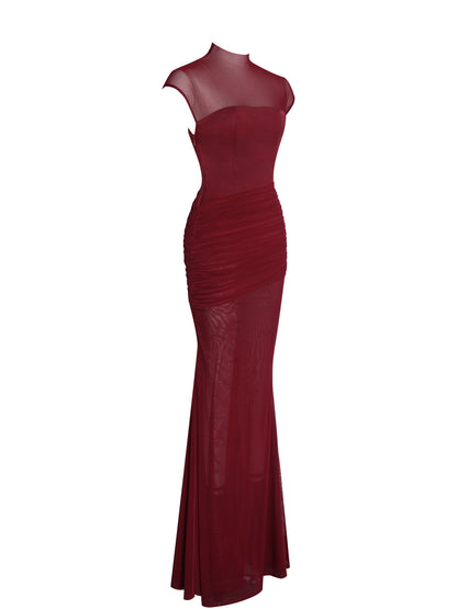 Fabienne Burgundy Mesh Cap Sleeve Mermaid Gown - Miss Circle