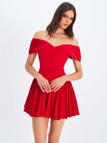 Narelle Crimson Off-Shoulder Sweetheart Drop Waist Mini Dress - Miss Circle