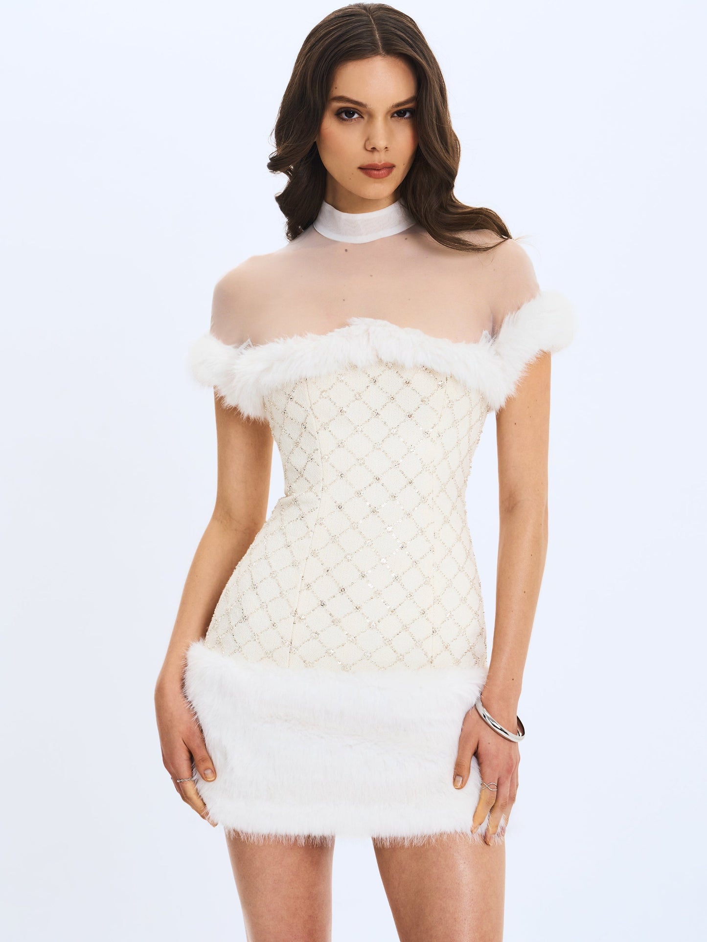 Taylor Ivory Fur Trimmed Beaded Bouclé Mini Dress - Miss Circle