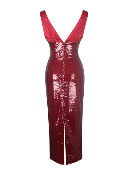 Shanelle Crimson Sequin Plunging Midi Dress - Miss Circle