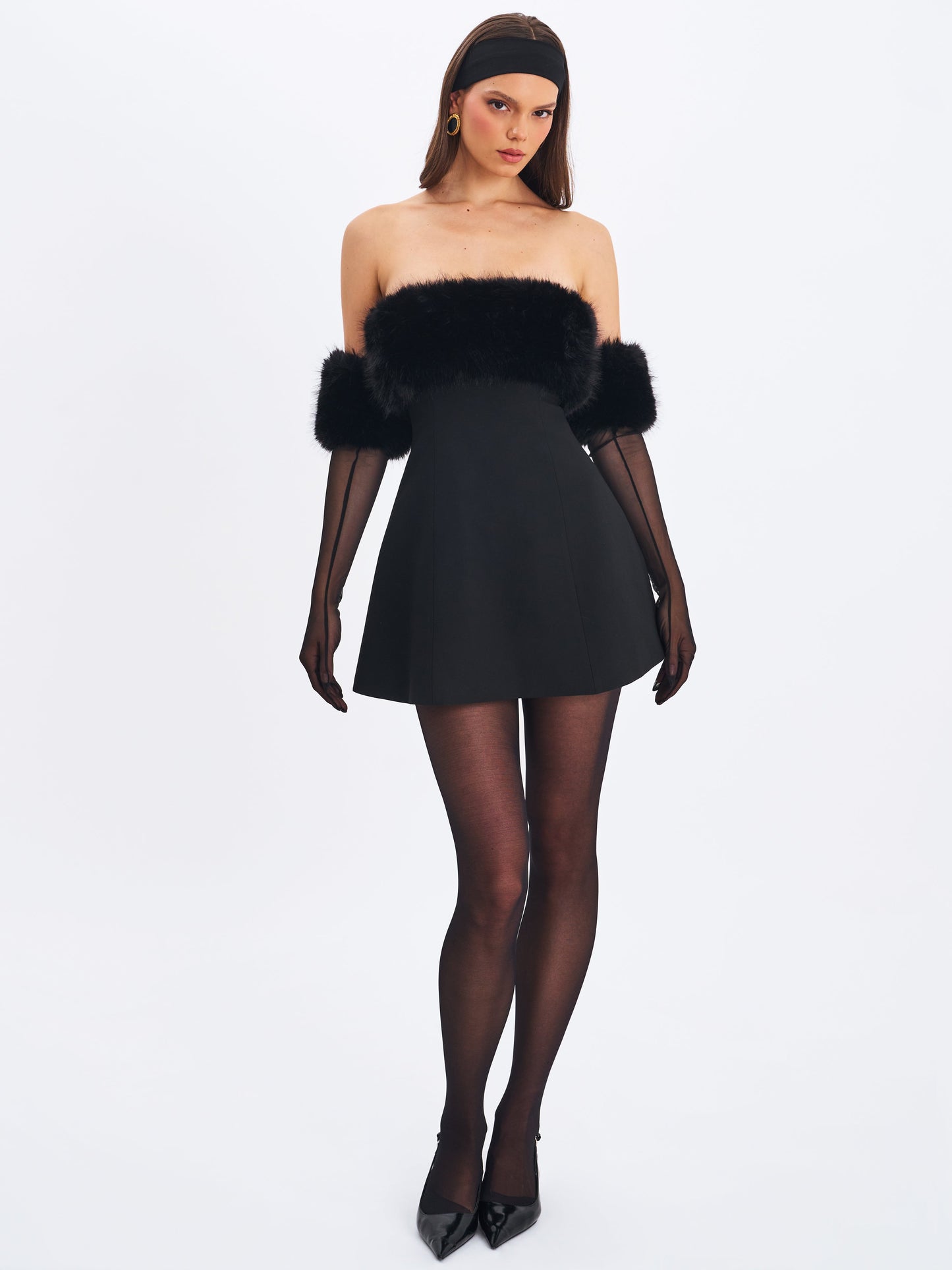 Evelyn Black Fur-Trimmed Mini A-Line Dress - Miss Circle