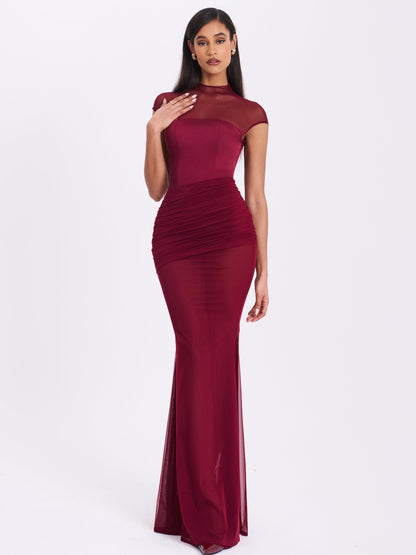 Fabienne Burgundy Mesh Cap Sleeve Mermaid Gown - Miss Circle