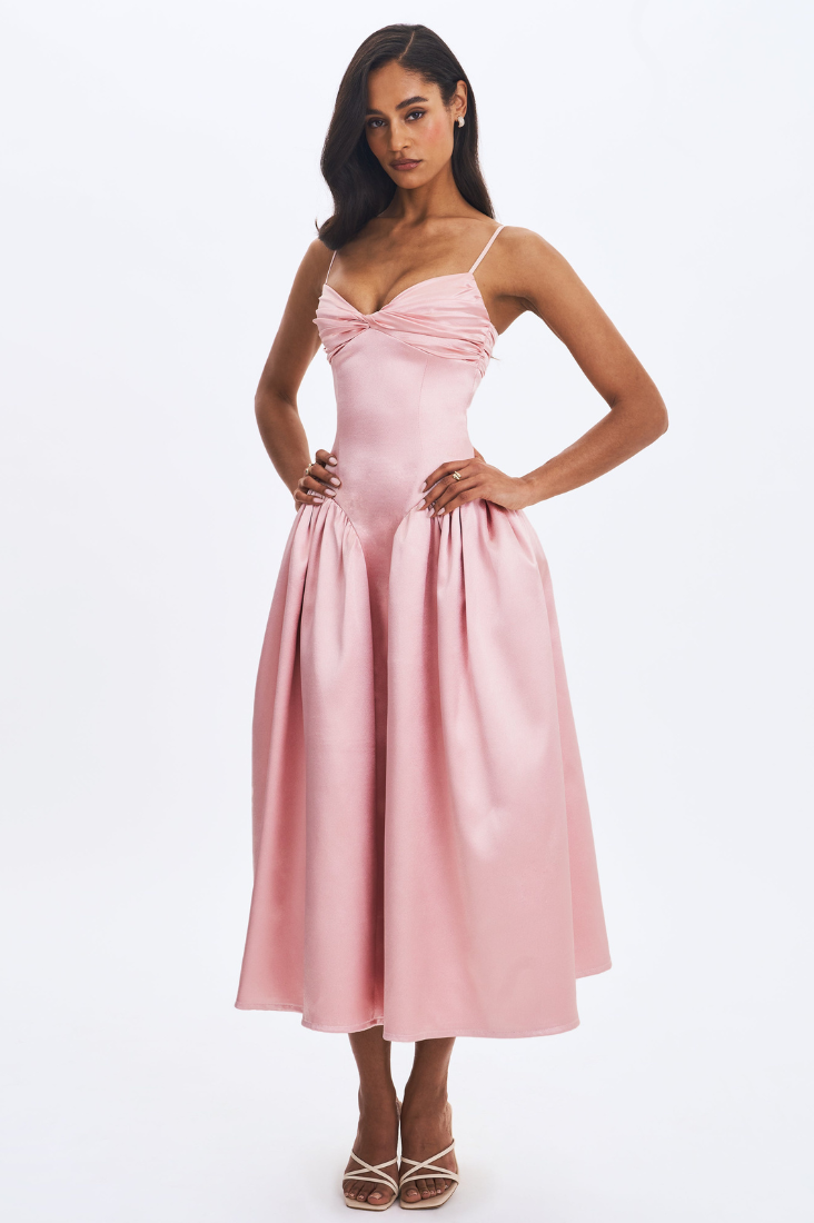 Tullia Dusty Rose Satin Ruched Midi Dress - Miss Circle
