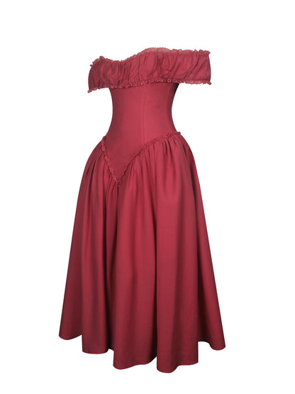 Xavy Crimson Off-Shoulder Corset Midi Dress - Miss Circle