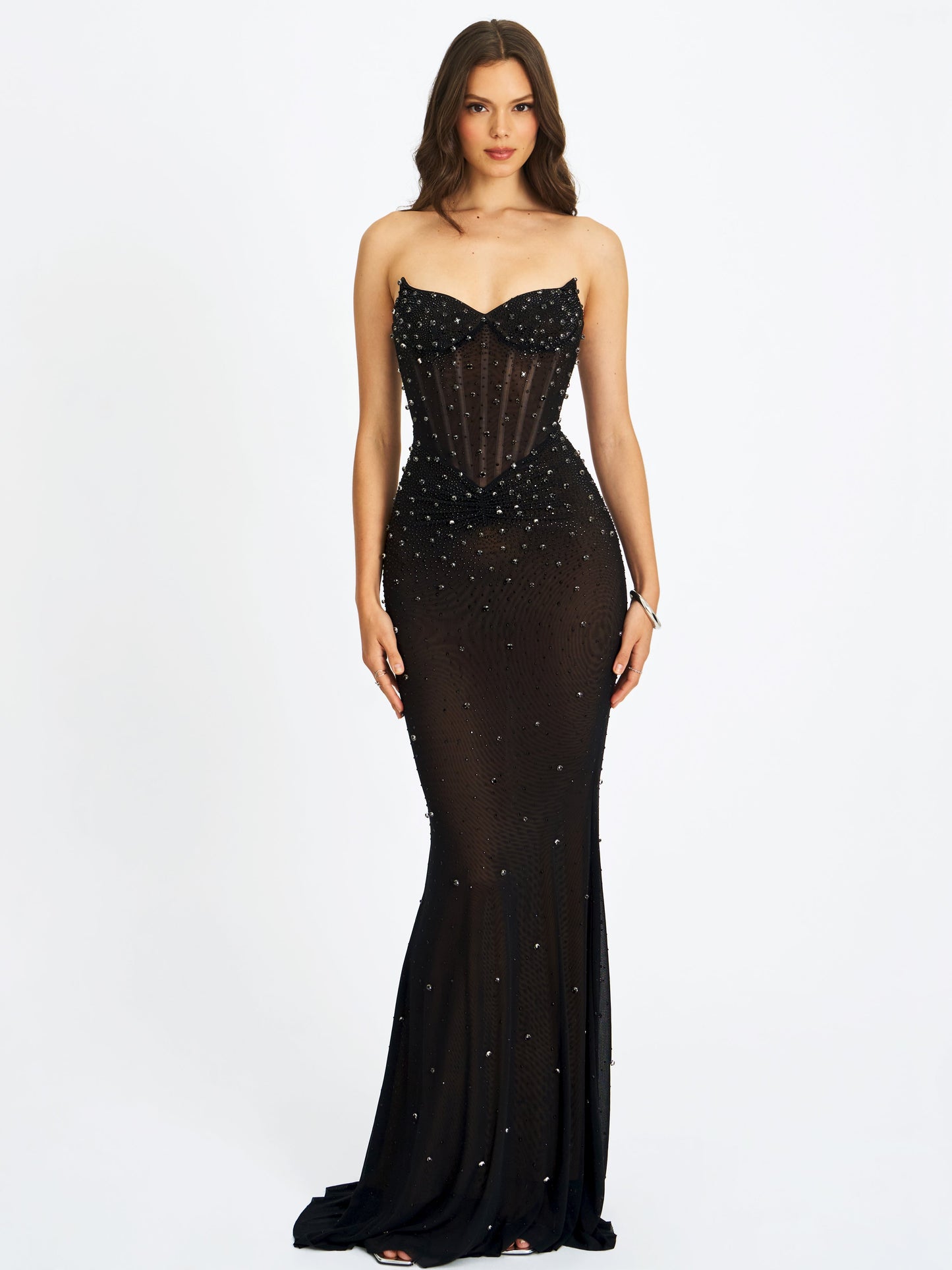 Fatima Black Crystal Sleeveless Corset Mermaid Maxi Dress - Miss Circle