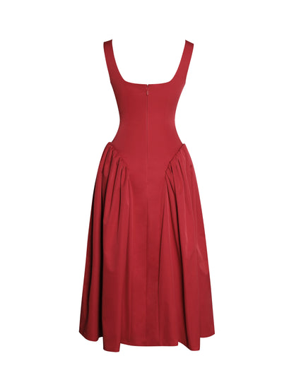 Nahla Red Drop Waist Midi Dress with Buttons - Miss Circle