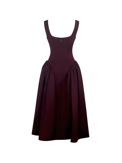 Omella Burgundy Ruched Bust Sweetheart Flared Midi Dress - Miss Circle