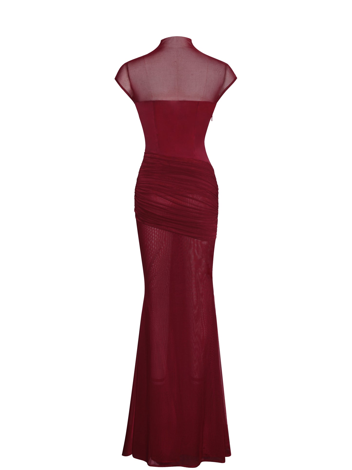 Fabienne Burgundy Mesh Cap Sleeve Mermaid Gown - Miss Circle