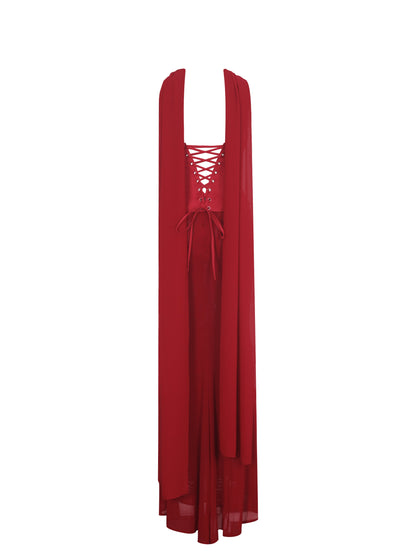 Giselle Crimson Peplum Mermaid Gown with Chiffon Scarf - Miss Circle