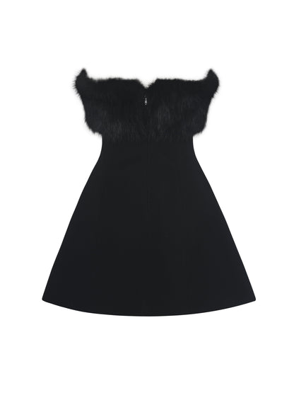Evelyn Black Fur-Trimmed Mini A-Line Dress - Miss Circle