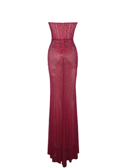 Fatima Burgundy Crystal Sleeveless Corset Mermaid Maxi Dress - Miss Circle