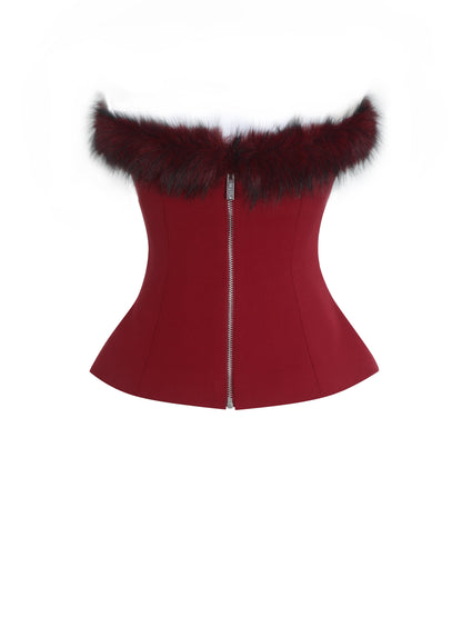 Ivette Crimson Fur-Trimmed Peplum Top - Miss Circle